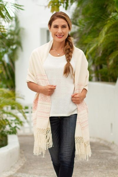 Alternate image for Pink and Creamy Cotton Handwoven Zapotec Shawl Pink Stars of Teotitlan