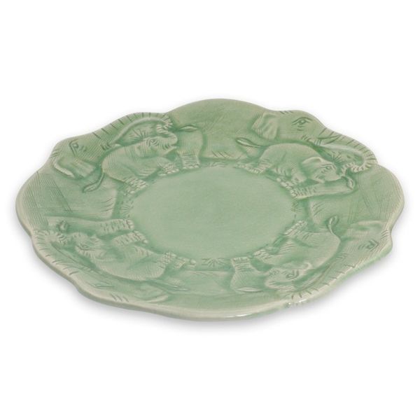 Alternate image for Artisan Crafted Elephant Theme Thai Celadon Ceramic Plate Elephant Family
