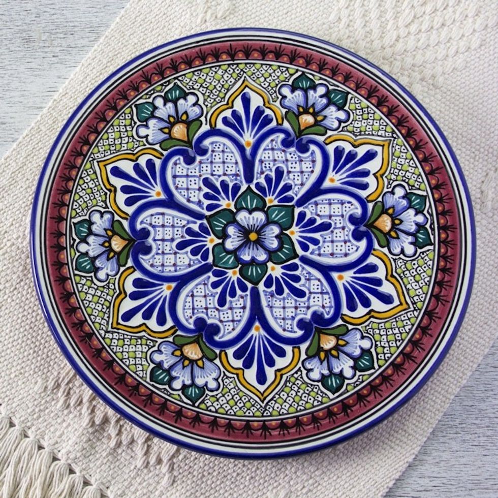 Artisan Crafted Authentic Mexican Talavera Style Plate 'Imperial Flower'