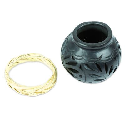 Alternate image for Mexican Barro Negro Decorative Vase with Floral Details Oaxaca Pottery Blossom