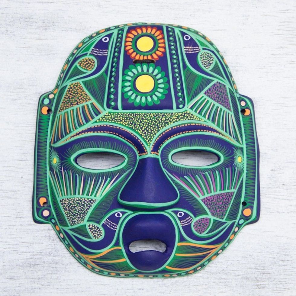 Hand Made Ceramic Green Bird Mask 'Jade Olmec Lord'