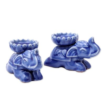 Alternate image for Blue Elephant Incense Holders from Thailand Pair Polite Elephants in Blue