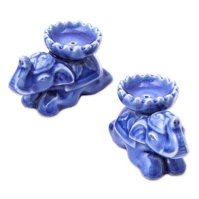 Alternate image for Blue Elephant Incense Holders from Thailand Pair Polite Elephants in Blue