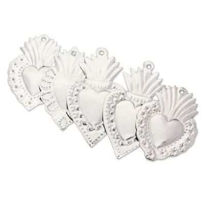 Alternate image for 5 Handmade Heart-Shaped Repousse Tin Plated Steel Ornaments Petite Hearts