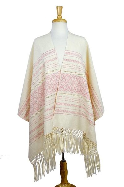 Alternate image for Pink and Creamy Cotton Handwoven Zapotec Shawl Pink Stars of Teotitlan