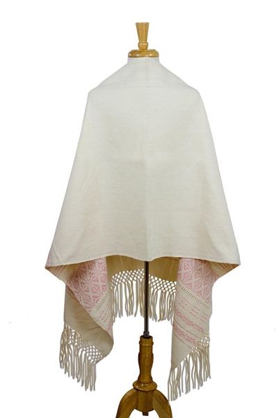 Alternate image for Pink and Creamy Cotton Handwoven Zapotec Shawl Pink Stars of Teotitlan