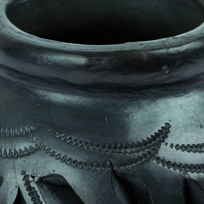 Alternate image for Mexican Barro Negro Decorative Vase with Floral Details Oaxaca Pottery Blossom