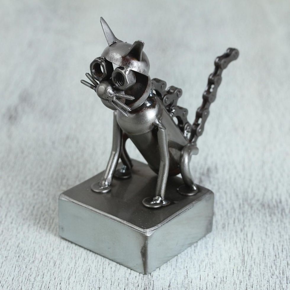 Upcycled Metal Auto Part Cat Sculpture from Mexico 'Sitting Cat'