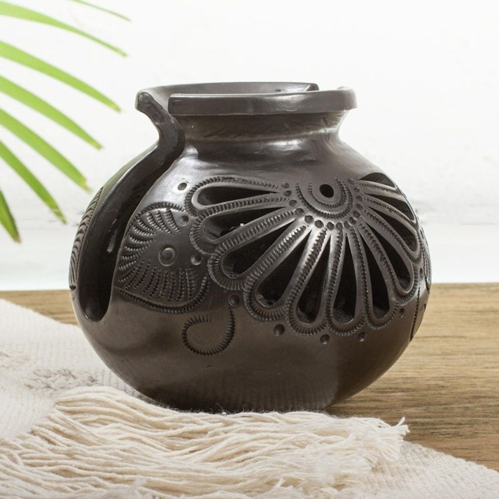 Oaxaca Barro Negro Ceramic Napkin Holder 'Fan Flower'