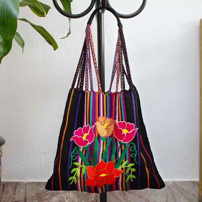 Alternate image for Poppy Embroidered Handwoven Black Cotton Mexican Morral Tote Night Poppies