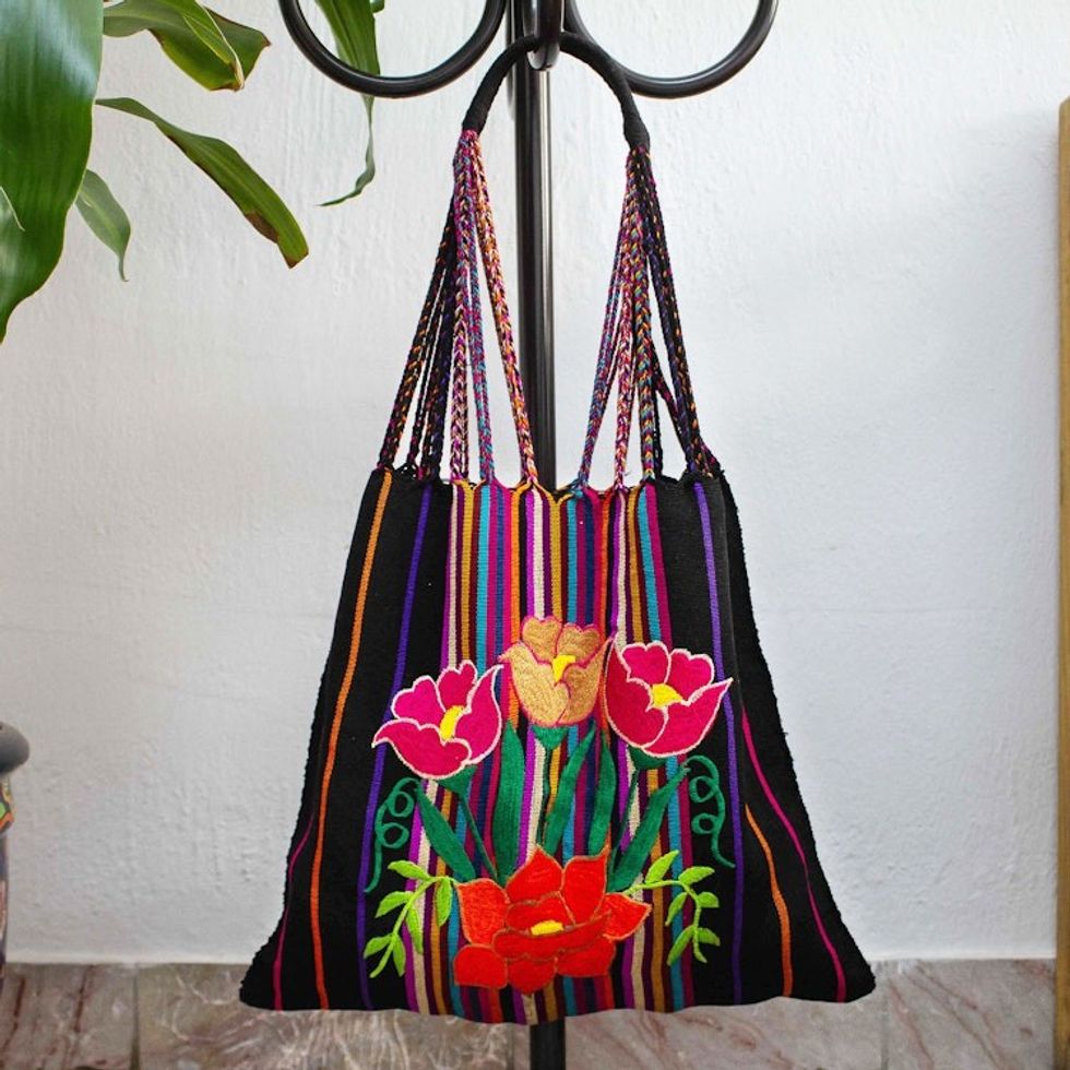 Poppy Embroidered Handwoven Black Cotton Mexican Morral Tote 'Night Poppies'