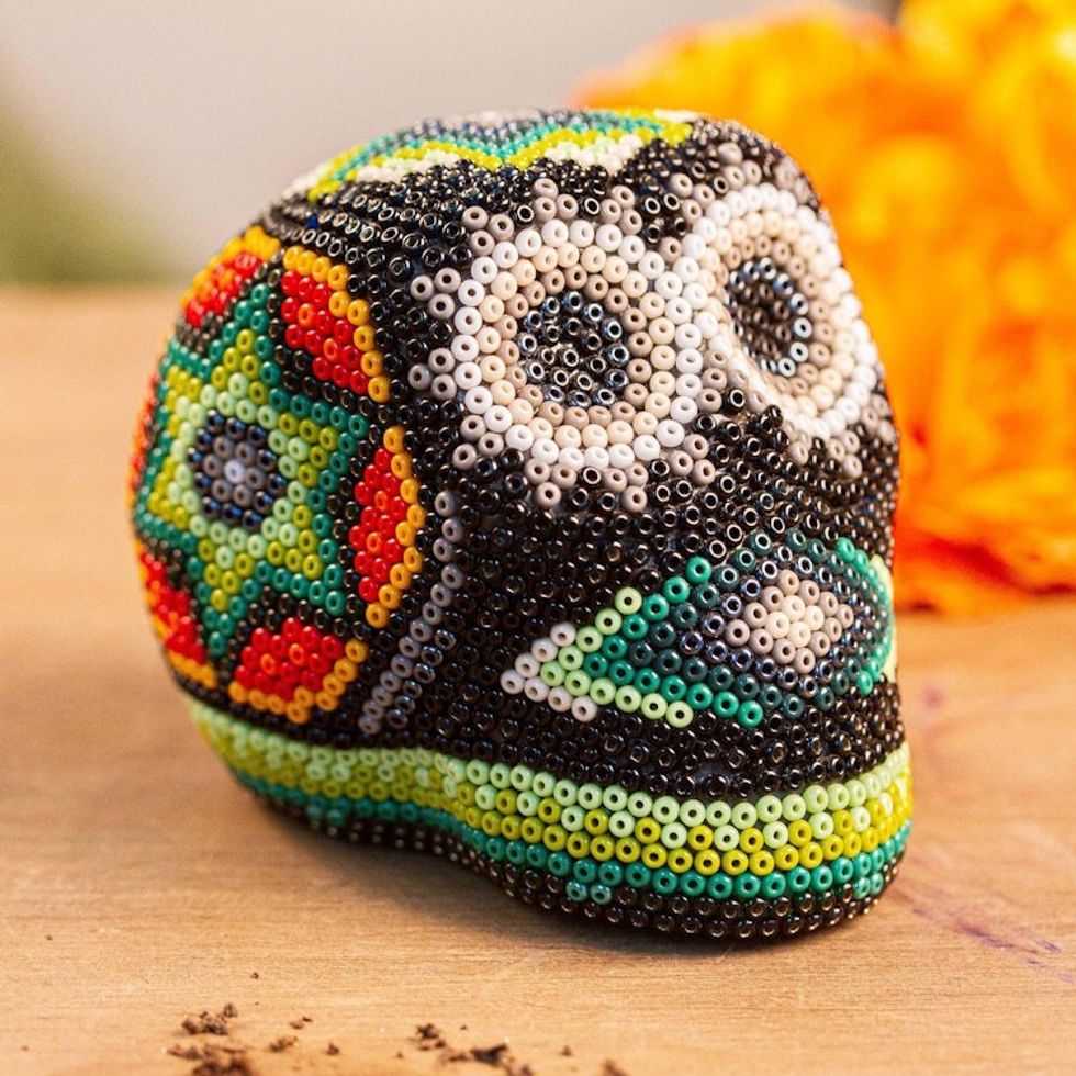 Artisan Crafted Huichol Skull Sculpture 'Sierra Stars'