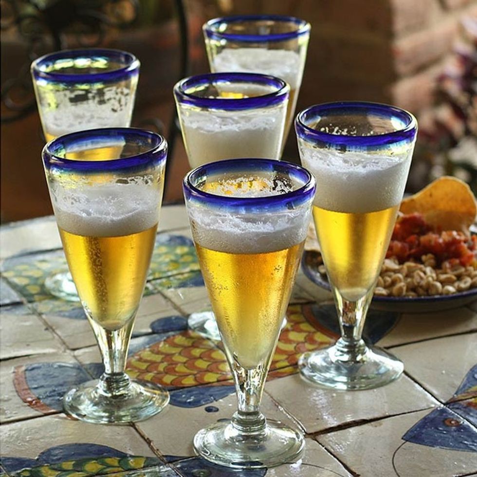 Artisan Crafted Recycled Handblown Blue Rim Beer Glasses 'Bohemia'