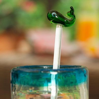 Alternate image for Mexican Recycled Glass Cocktail Stirrer with Green Whale Cheerful Green Whale