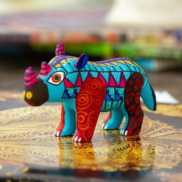 Alternate image for Alebrije Rhino Copal Wood Figurine Painted in Aquamarine Aquamarine Rhino