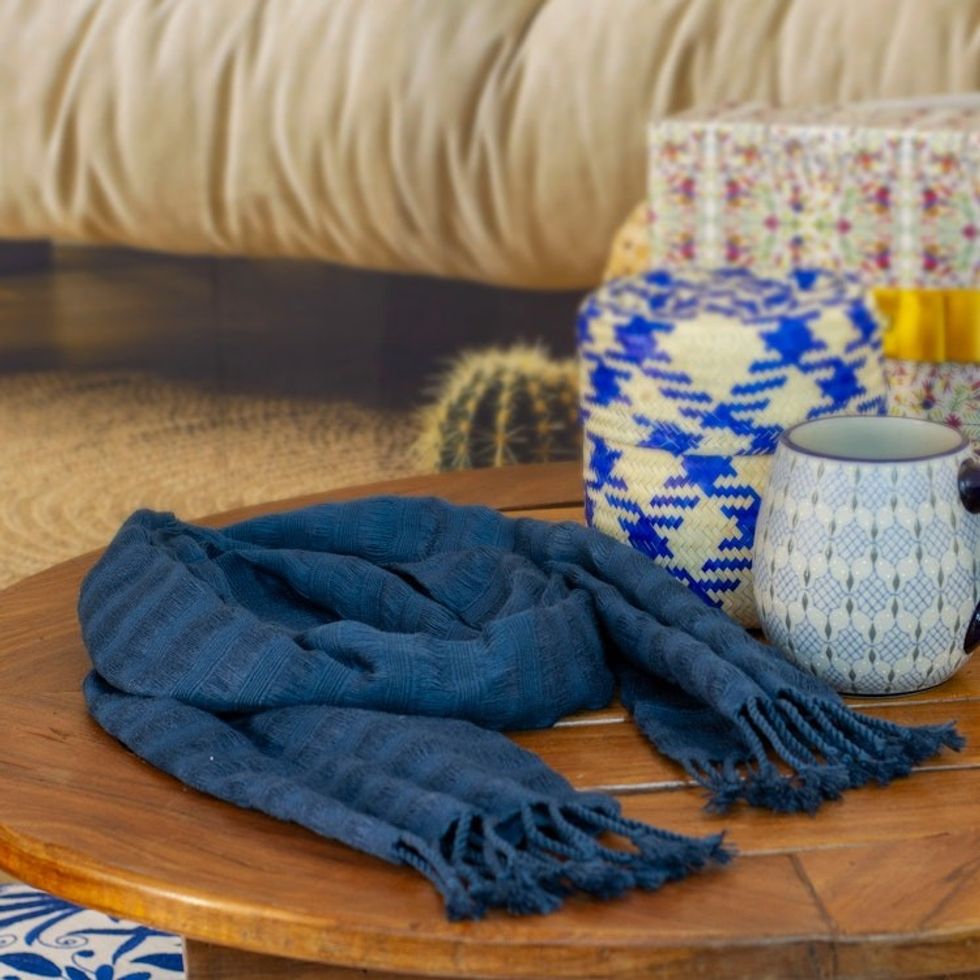 Blue Cotton Scarf with Braided Fringes Handloomed in Mexico 'Blue Catwalks'