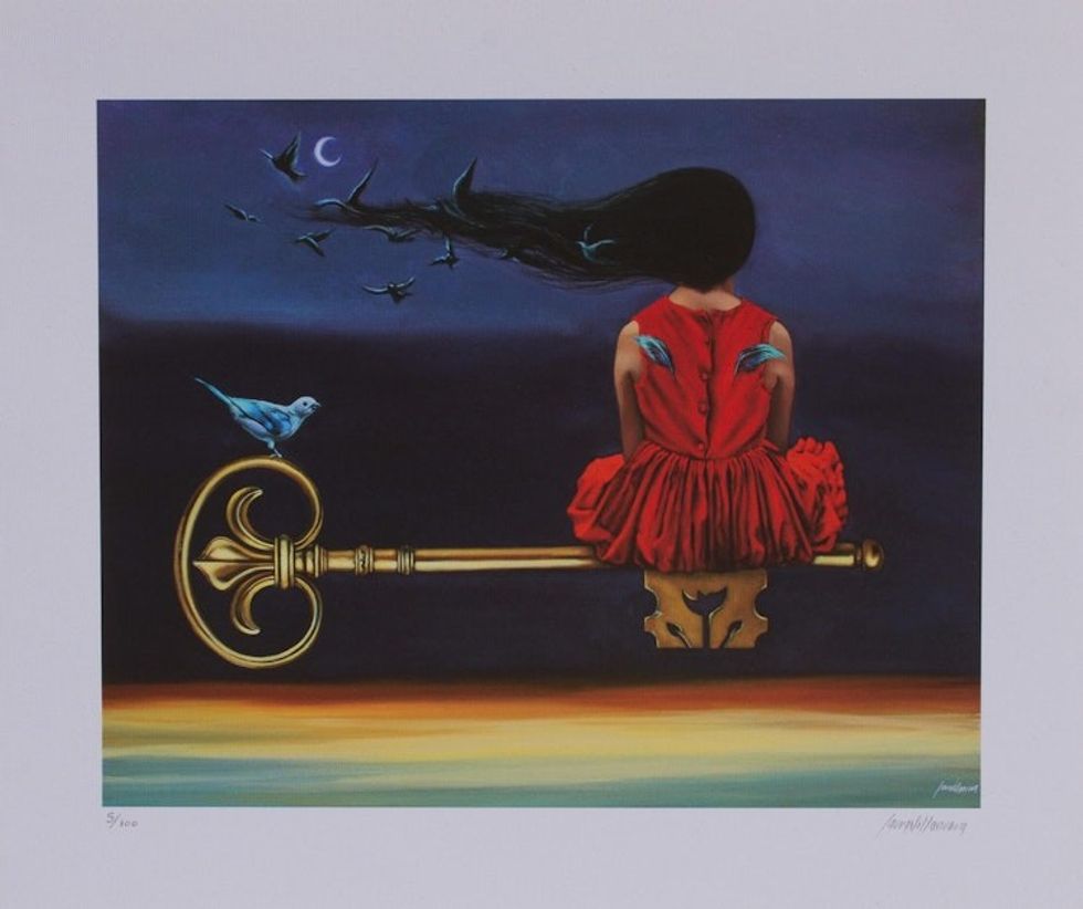 Signed Giclee Print of a Girl with a Bluebird from Mexico 'Bluebird Passage'