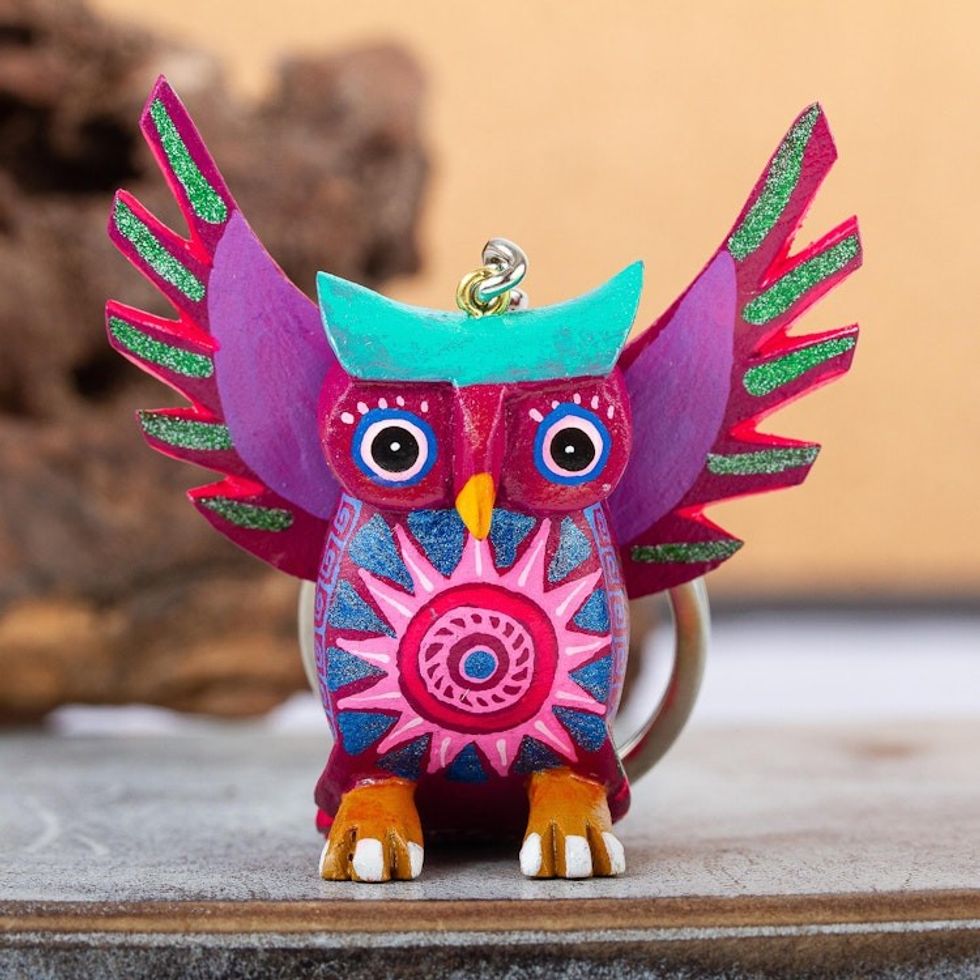 Hand Crafted Owl Alebrije Key Ring 'Magenta Owl'