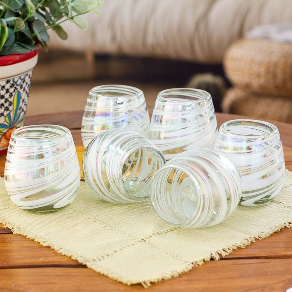 Set of 6 White Handblown Stemless Wine Glasses from Mexico 'Heavenly Freshness'