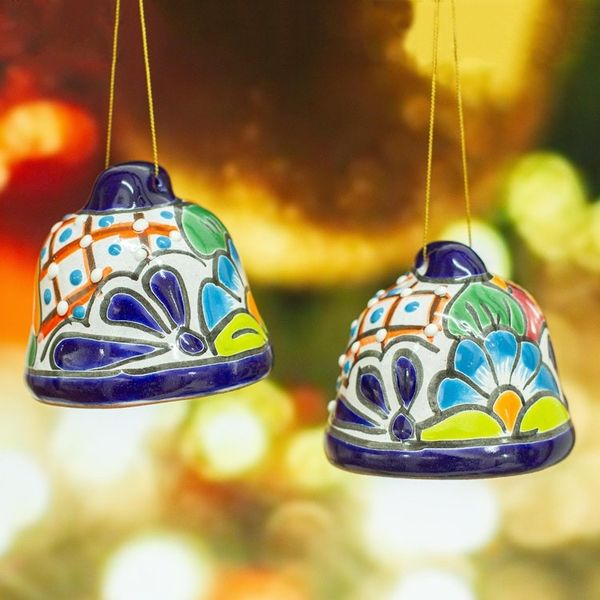 Alternate image for Bell-Shaped Talavera-Style Ceramic Ornaments Pair Talavera Bells