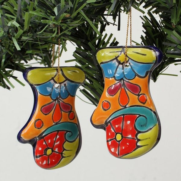 Alternate image for Talavera Ceramic Mitten Ornaments from Mexico Pair Talavera Mittens