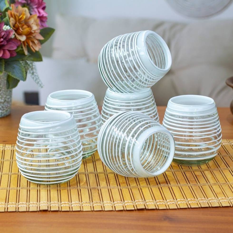 Set of 6 Stemless Wine Glasses Handblown from Recycled Glass 'White Spirals'