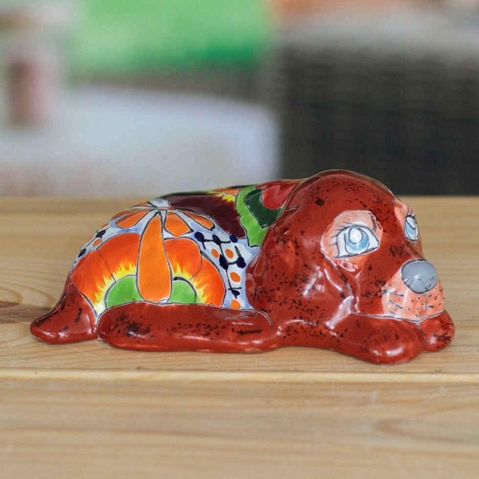 Dog-Themed Floral Painted Ceramic Sculpture in Brown 'Loyal Eyes'