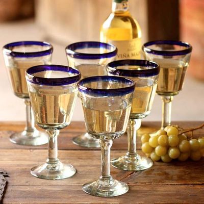 Primary image for Hand Blown Wine Glasses Set of 6 Blue Rim Goblets Mexico Chardonnay