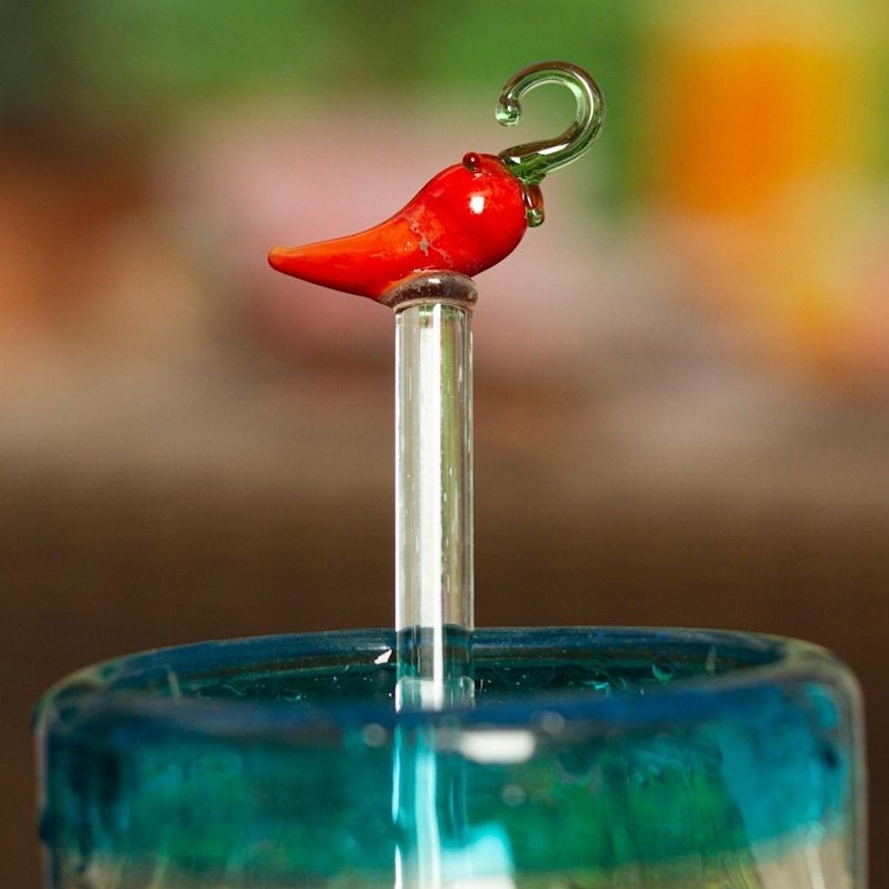 Mexican Recycled Glass Cocktail Stirrer with Hot Pepper 'Spicy Spirit'