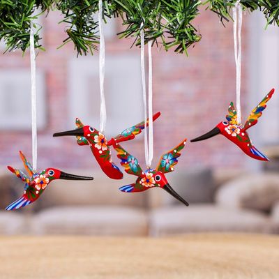 Alternate image for Set of 4 Handcrafted Copal Wood Bird Ornaments in Vermilion Vermilion Flutter
