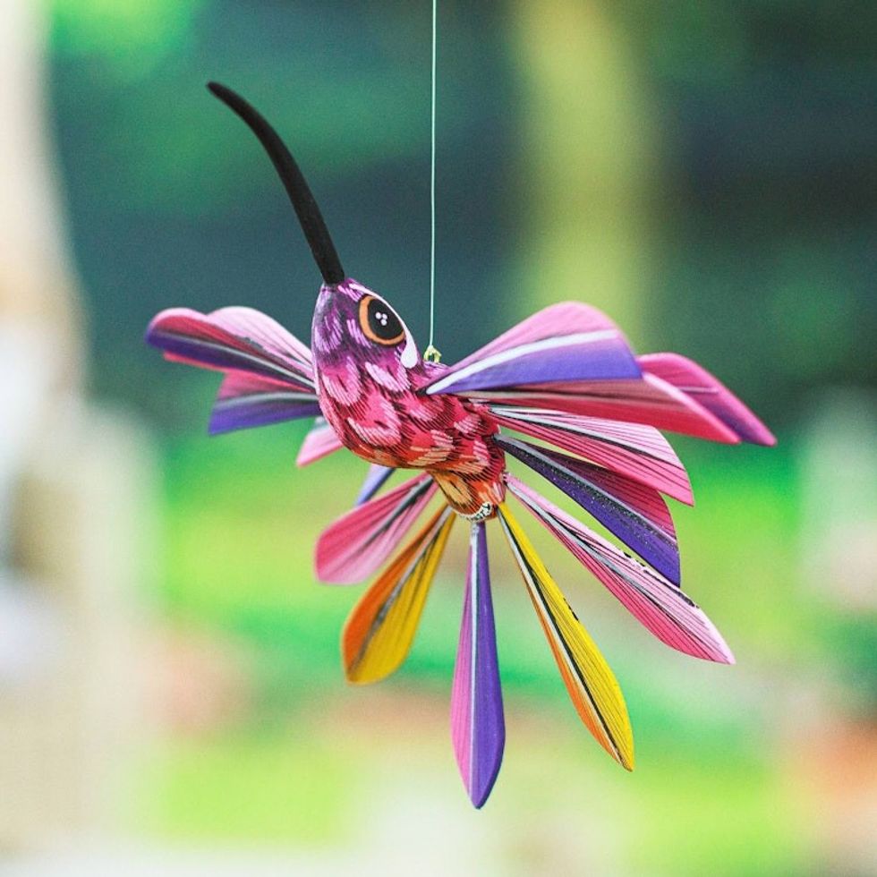 Wood Hanging Alebrije Hummingbird Sculpture in Purple 'Joyful Hummingbird'