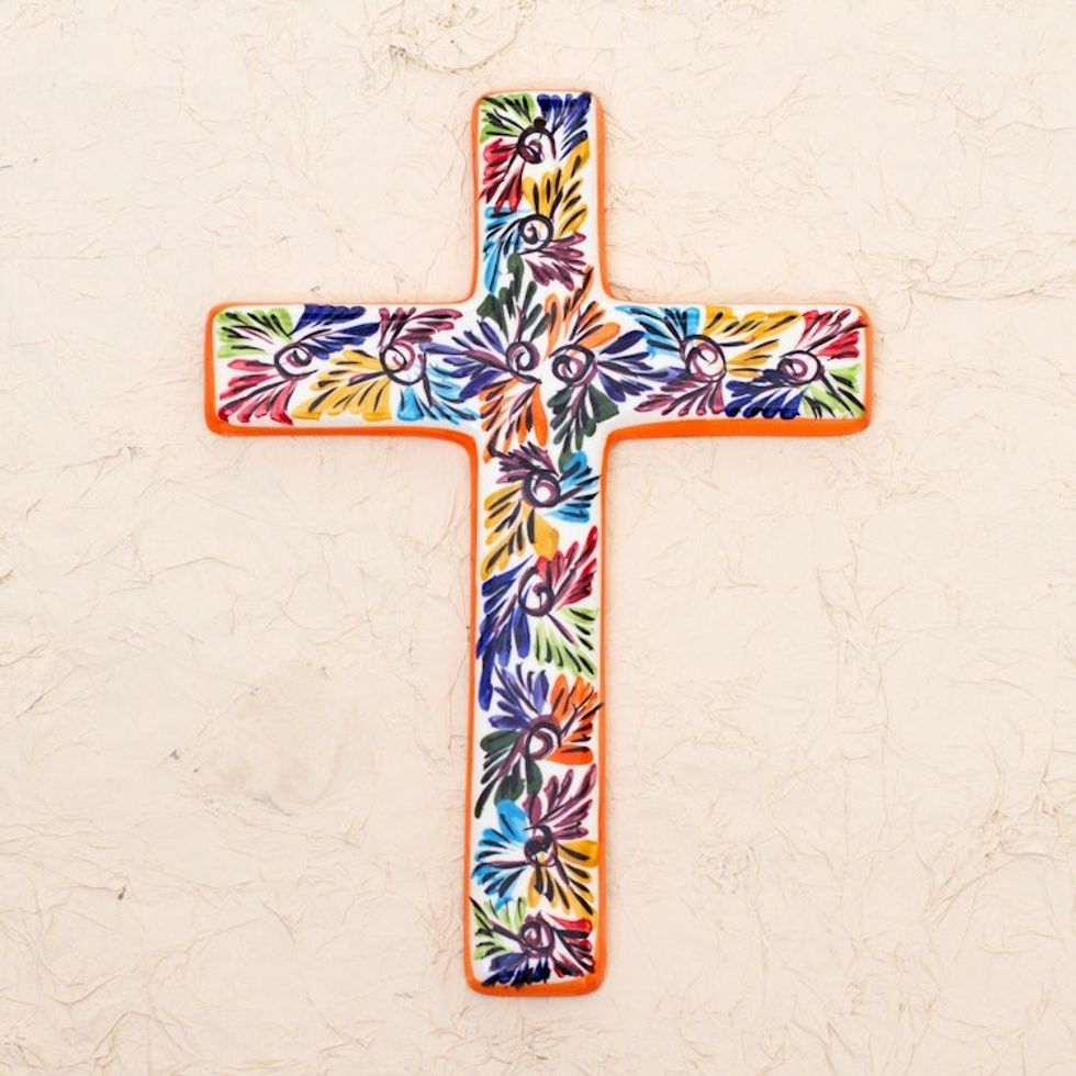 Artisan Crafted Multicolored Ceramic Wall Cross from Mexico 'Spiritual Fireworks'
