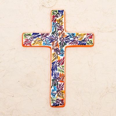 Alternate image for Artisan Crafted Multicolored Ceramic Wall Cross from Mexico Spiritual Fireworks