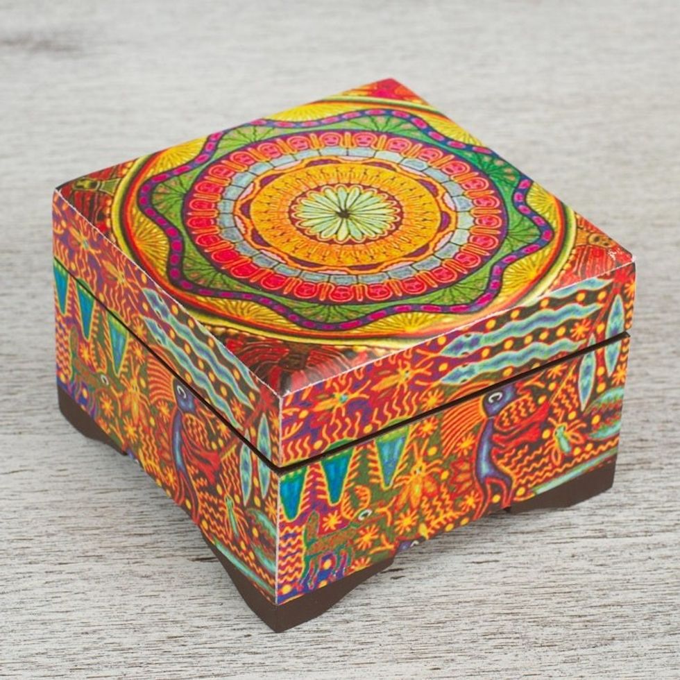 Petite Pinewood Decoupage Box with Huichol Icons 'Huichol Mandala'