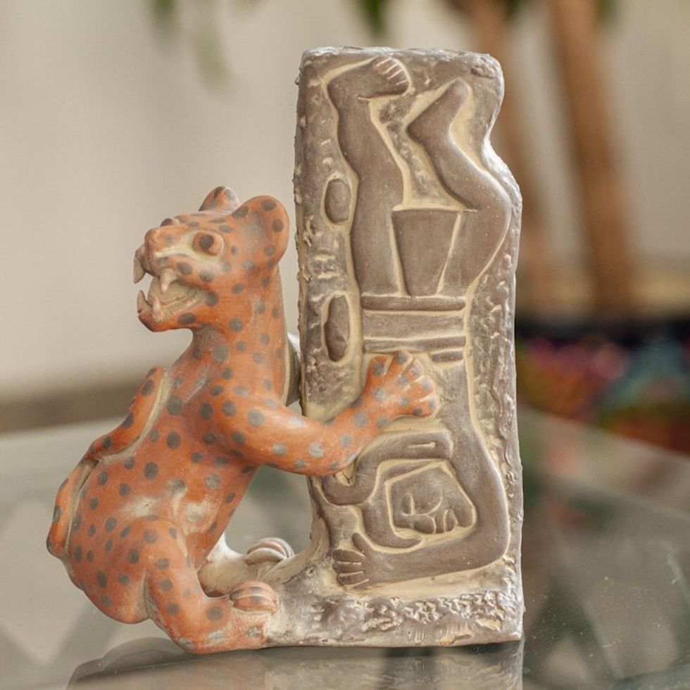Pre Hispanic Museum Replica Sculpture 'Olmeca Jaguar with Human'