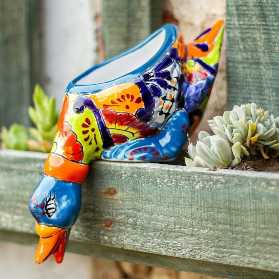 Hand-Painted Ceramic Duck Flower Pot from Mexico 'Feeding Duck'