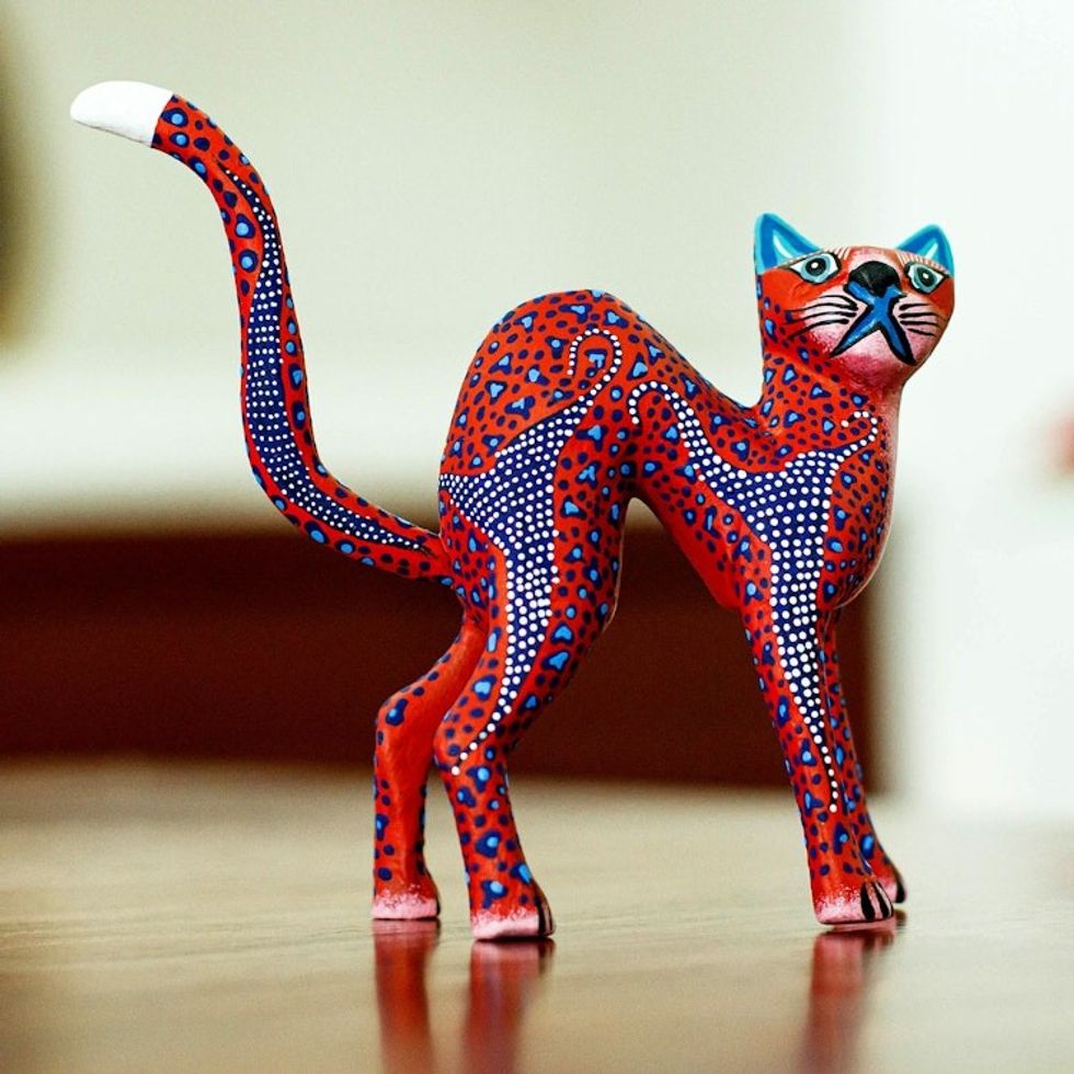 Red and Blue Arched Cat Alebrije Figure from Oaxaca 'Crimson Cat'