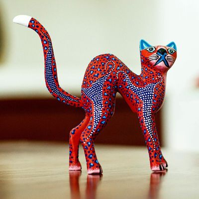 Alternate image for Red and Blue Arched Cat Alebrije Figure from Oaxaca Crimson Cat