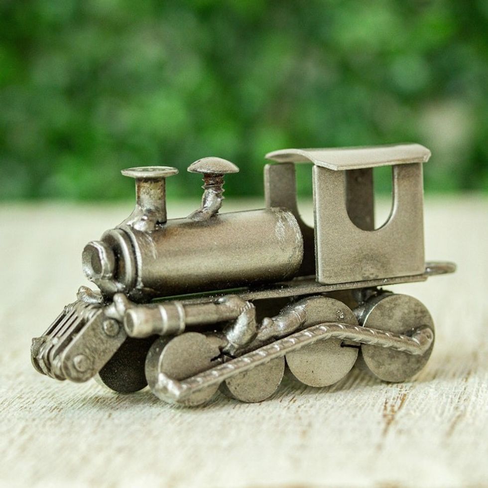 Recycled Auto Part Train Locomotive Sculpture from Mexico 'Rustic Train Locomotive'