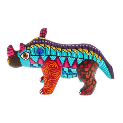 Alternate image for Alebrije Rhino Copal Wood Figurine Painted in Aquamarine Aquamarine Rhino