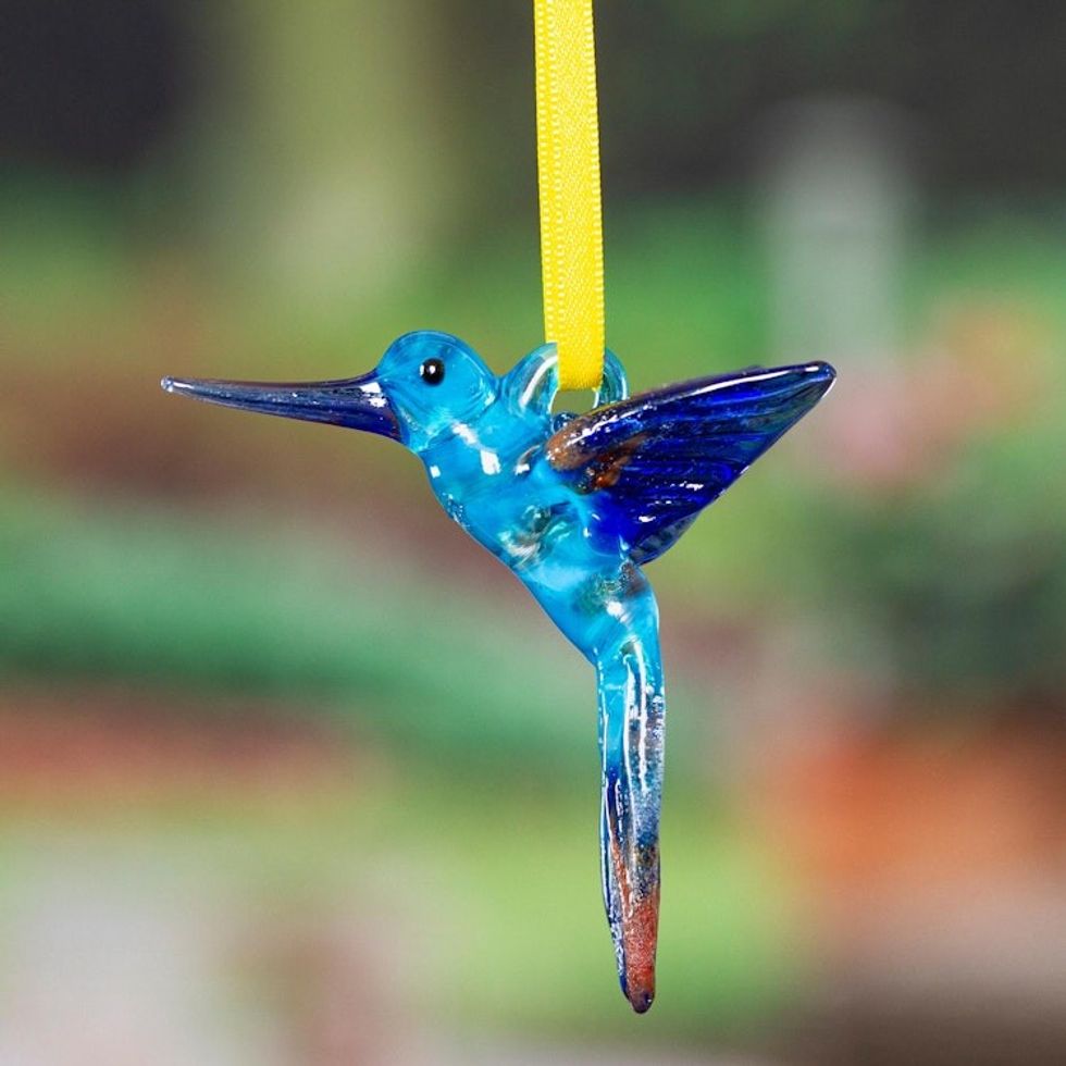 Handblown Recycled Glass Hummingbird Ornament in Sapphire 'Sapphire Paradise Hummingbird'