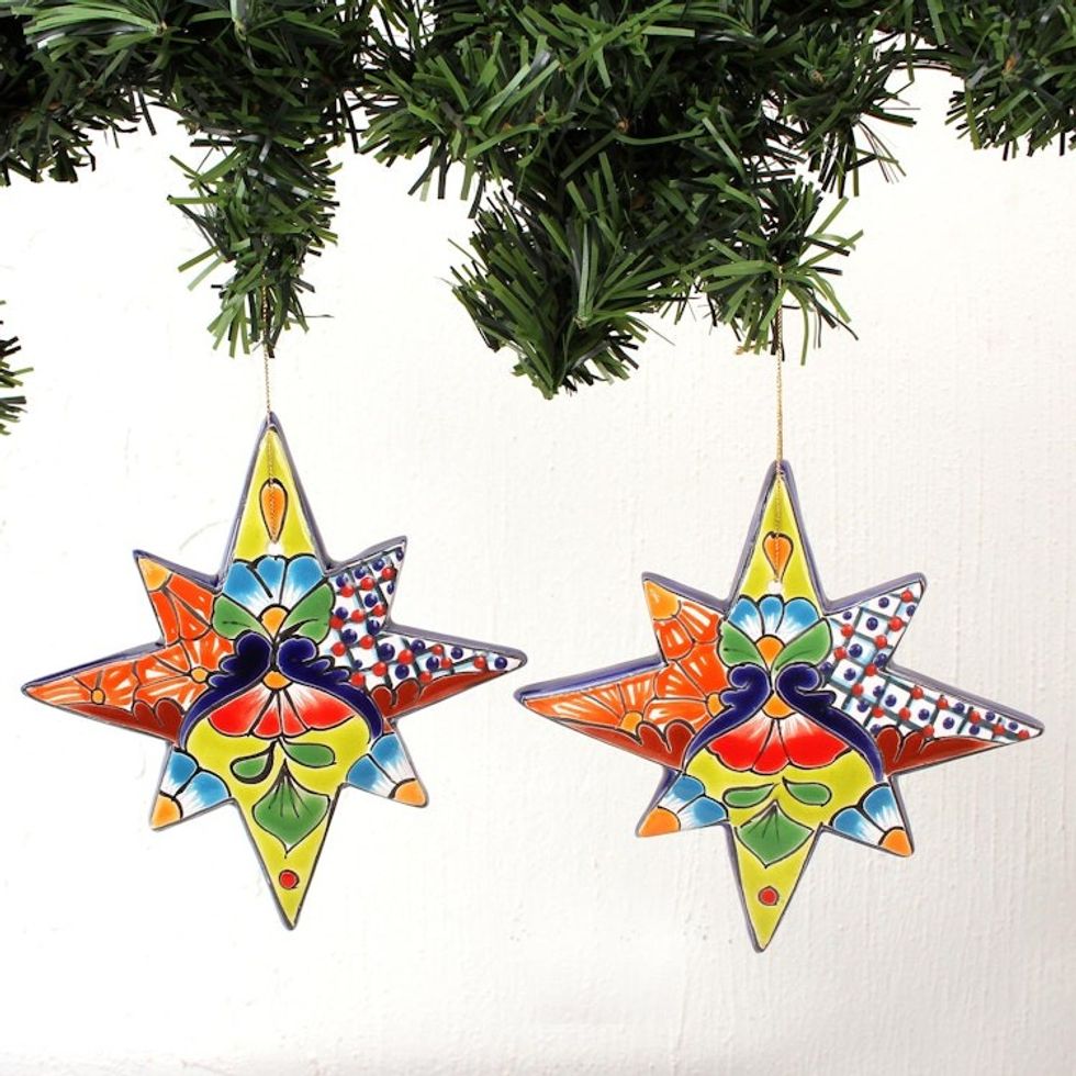 Star-Shaped Talavera Ceramic Ornaments from Mexico Pair 'North Star'