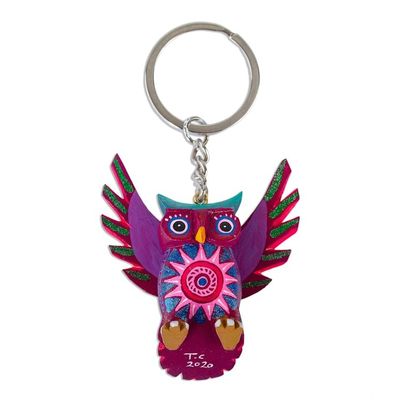 Alternate image for Hand Crafted Owl Alebrije Key Ring Magenta Owl