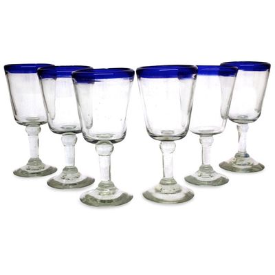 Alternate image for Hand Blown Wine Glasses Set of 6 Blue Rim Goblets Mexico Chardonnay