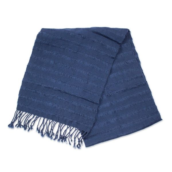 Alternate image for Blue Cotton Scarf with Braided Fringes Handloomed in Mexico Blue Catwalks