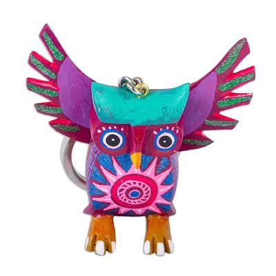 Alternate image for Hand Crafted Owl Alebrije Key Ring Magenta Owl
