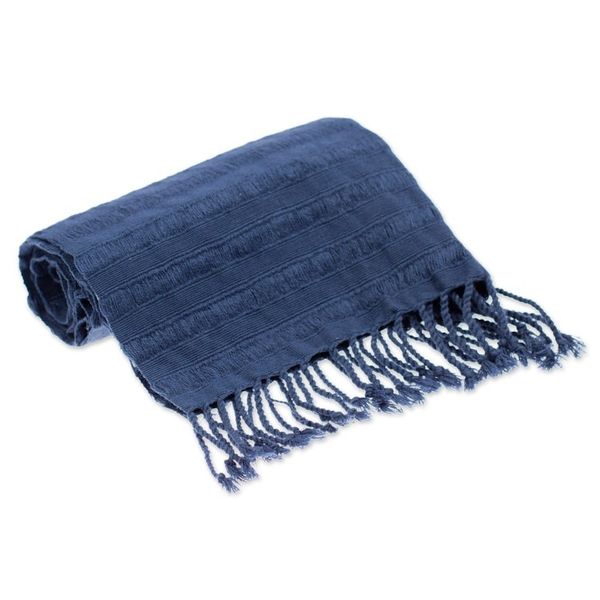Alternate image for Blue Cotton Scarf with Braided Fringes Handloomed in Mexico Blue Catwalks