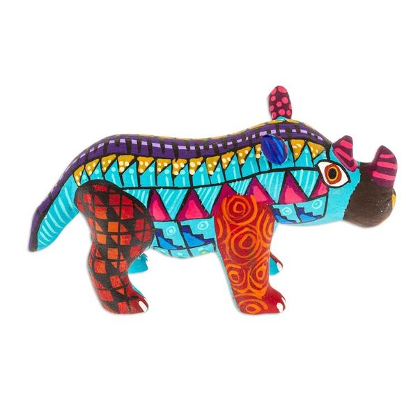 Alternate image for Alebrije Rhino Copal Wood Figurine Painted in Aquamarine Aquamarine Rhino