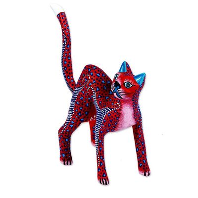 Alternate image for Red and Blue Arched Cat Alebrije Figure from Oaxaca Crimson Cat