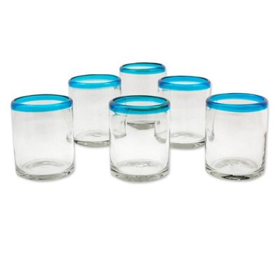 Alternate image for Set of 6 Clear with Aqua Rim Hand Blown 8 oz Juice Glasses Aquamarine Kiss